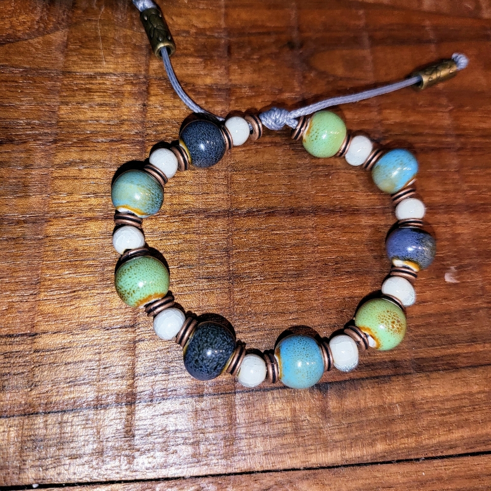 Handmade one of kind adjustable bracelet with beautiful  ceramic beads